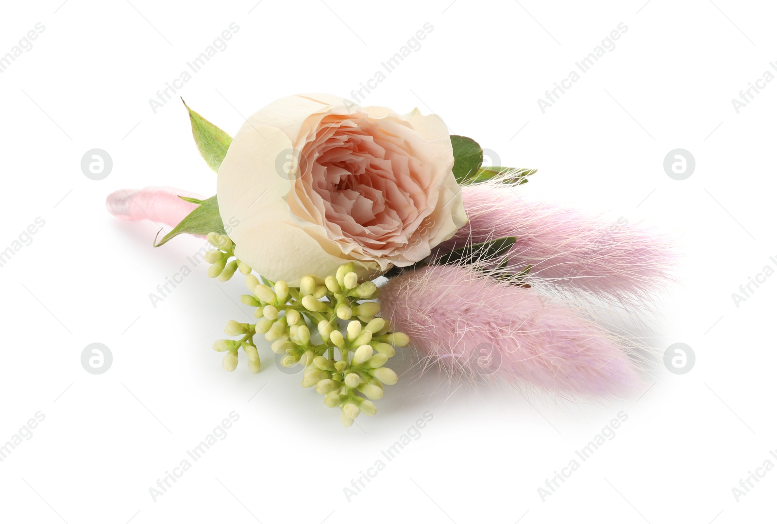 Photo of One small stylish boutonniere isolated on white