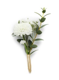 Photo of One small stylish boutonniere isolated on white, top view