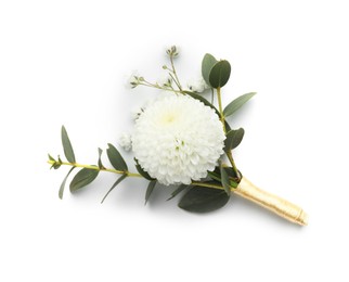 One small stylish boutonniere isolated on white, top view