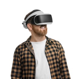 Photo of Smiling man using virtual reality headset on white background