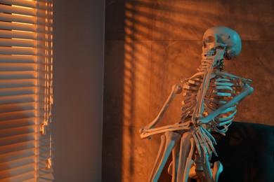 Photo of Waiting concept. Human skeleton sitting in armchair indoors, space for text