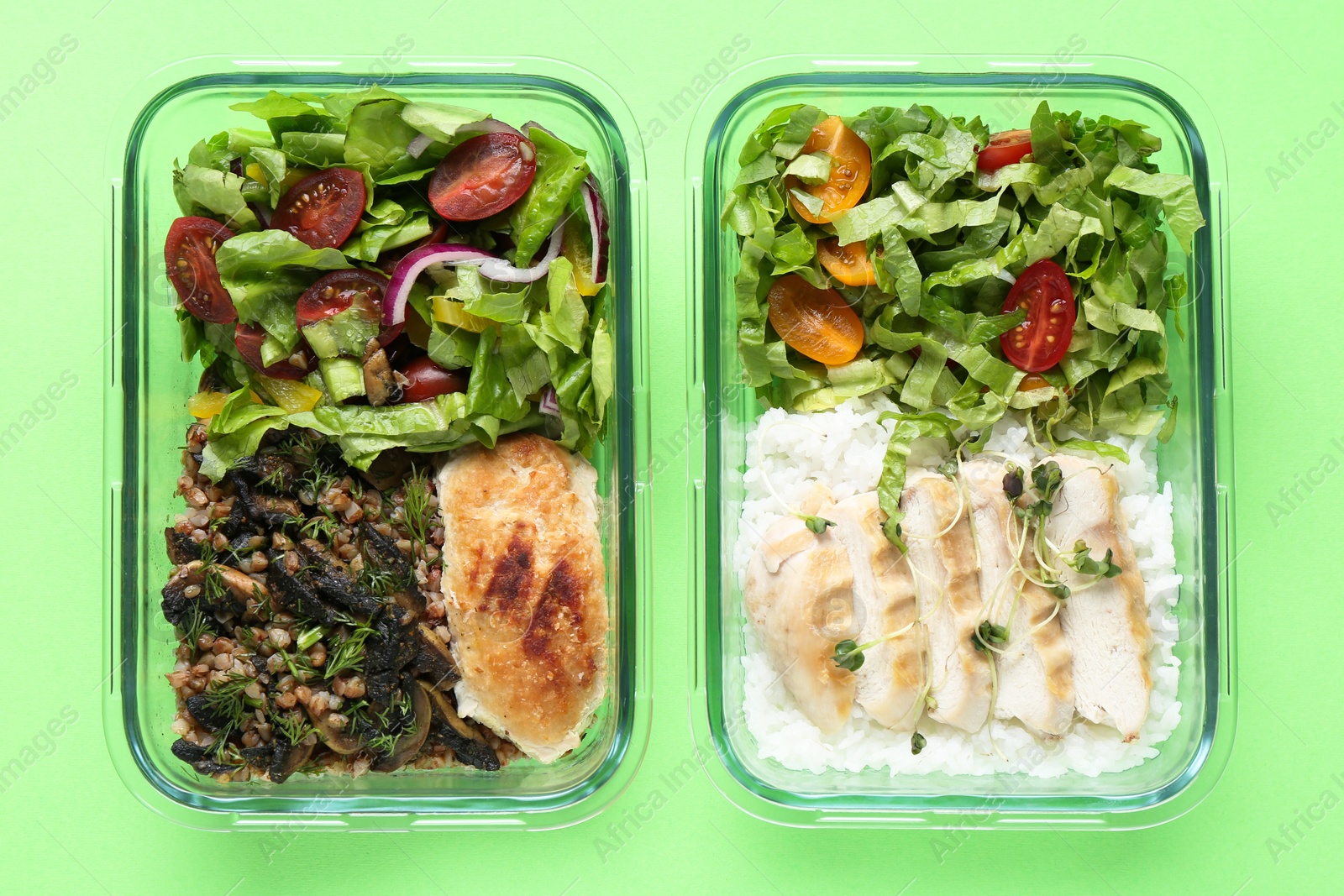 Photo of Healthy food. Different meals in glass containers on green background, top view