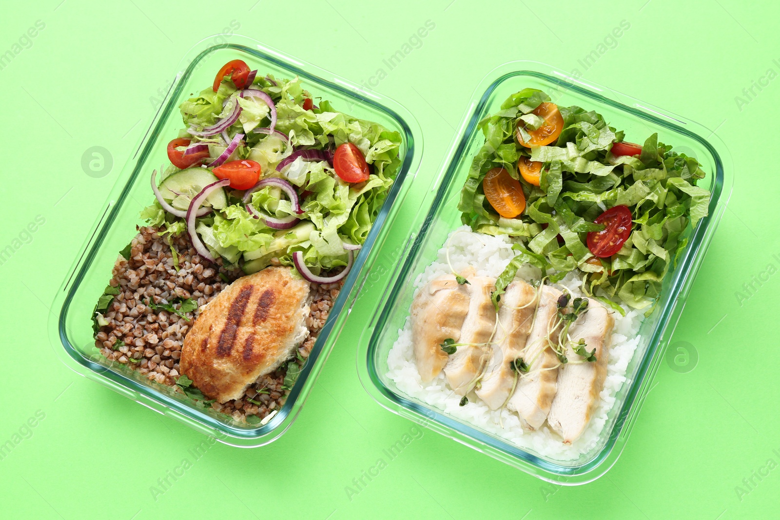 Photo of Healthy food. Different meals in glass containers on green background, top view