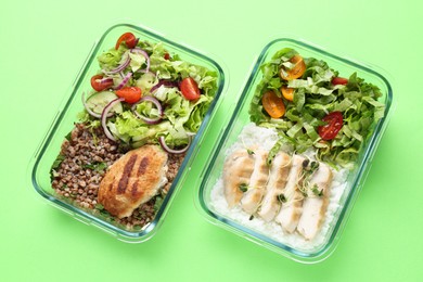 Healthy food. Different meals in glass containers on green background, top view