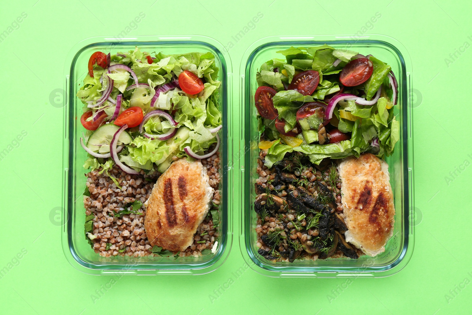 Photo of Healthy food. Different meals in glass containers on green background, top view