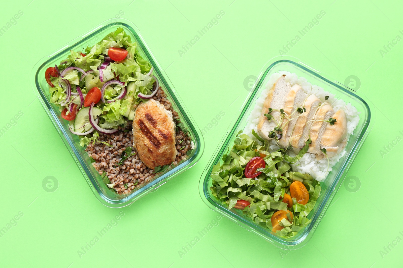 Photo of Healthy food. Different meals in glass containers on green background, top view