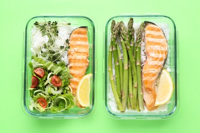 Photo of Healthy food. Different meals in glass containers on green background, top view