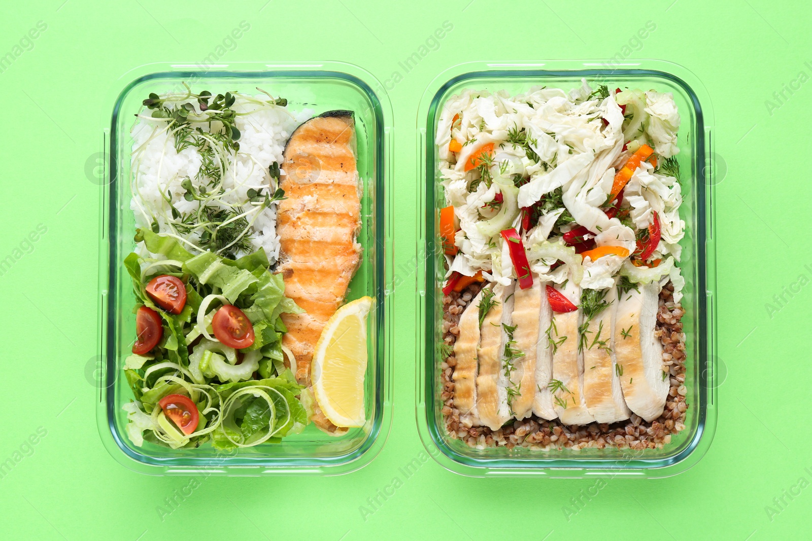 Photo of Healthy food. Different meals in glass containers on green background, top view