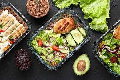 Healthy diet. Different meals in glass containers and products on black table, flat lay