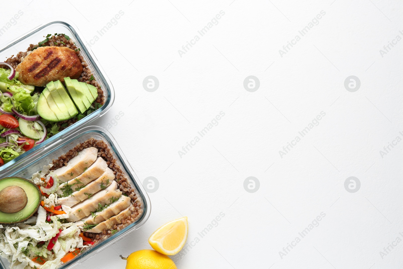 Photo of Healthy meal. Different products on white background, flat lay. Space for text