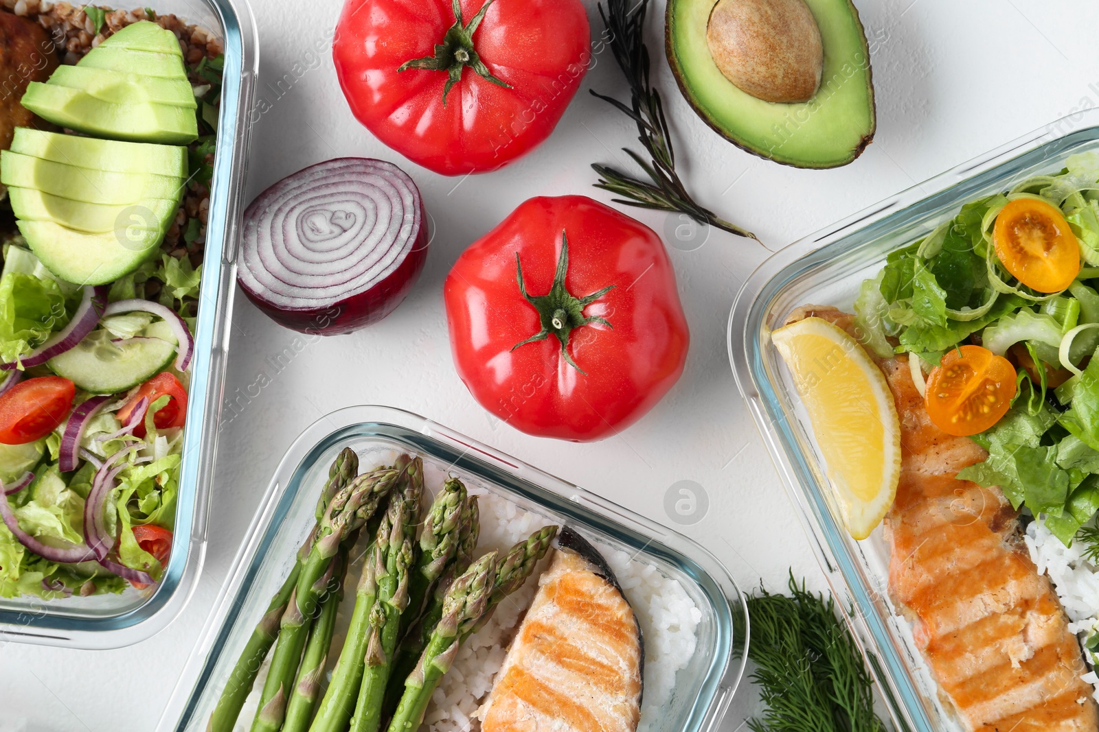 Photo of Healthy meal. Different products on white background, flat lay