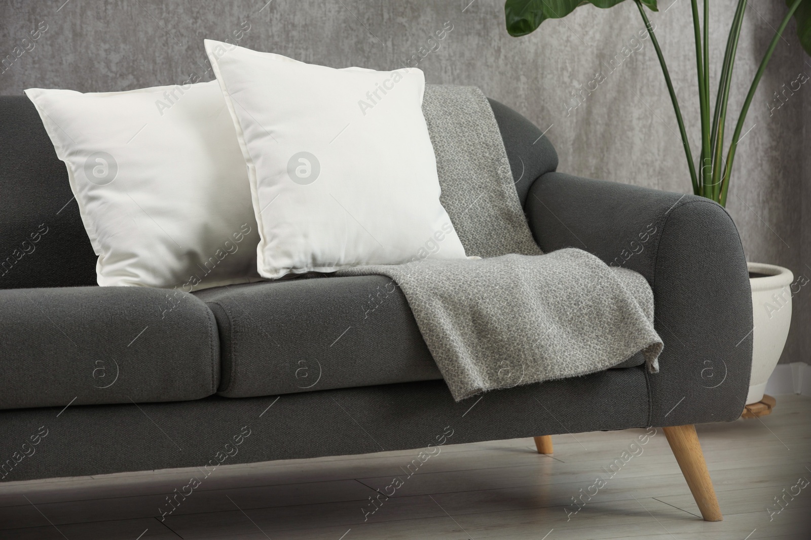 Photo of Soft white pillows and blanket on sofa indoors