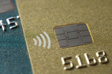 Photo of Two plastic credit cards as background, macro view