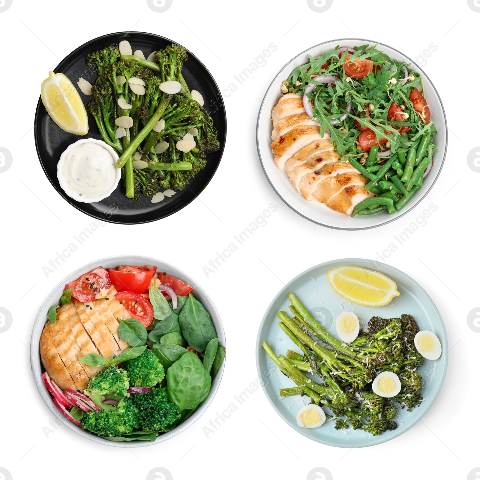 Image of Set of different healthy meals on white background, top view