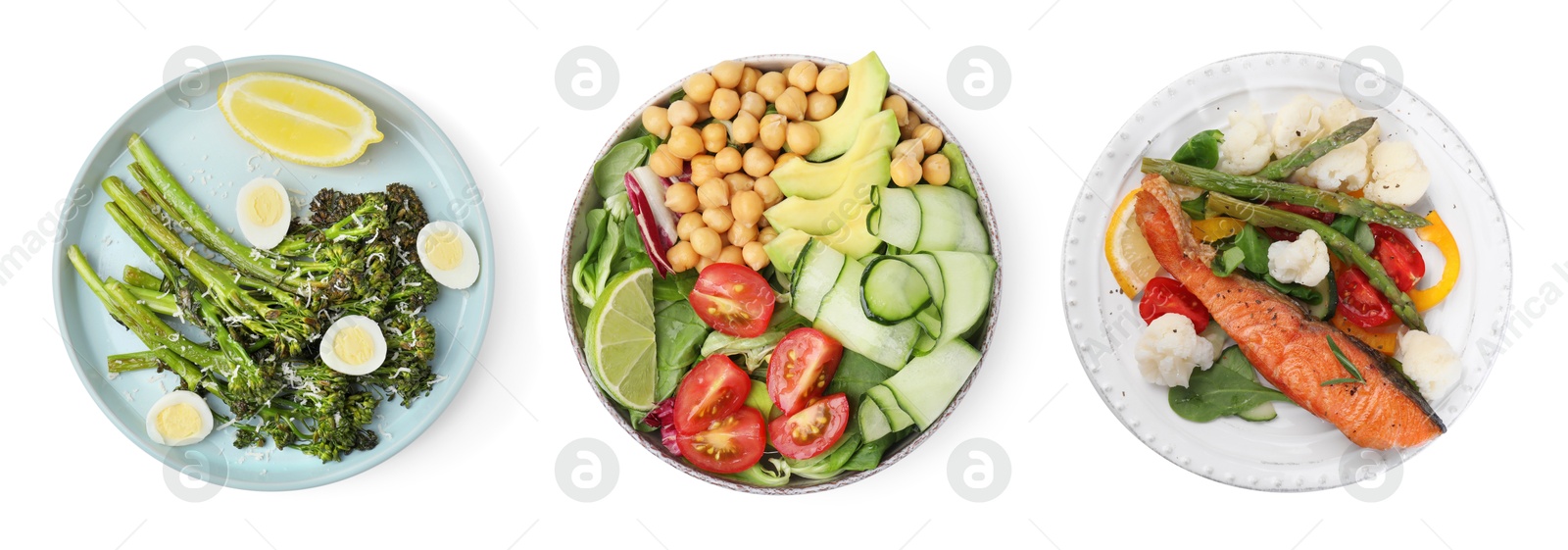 Image of Set of different healthy meals on white background, top view