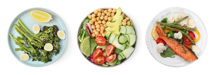 Image of Set of different healthy meals on white background, top view