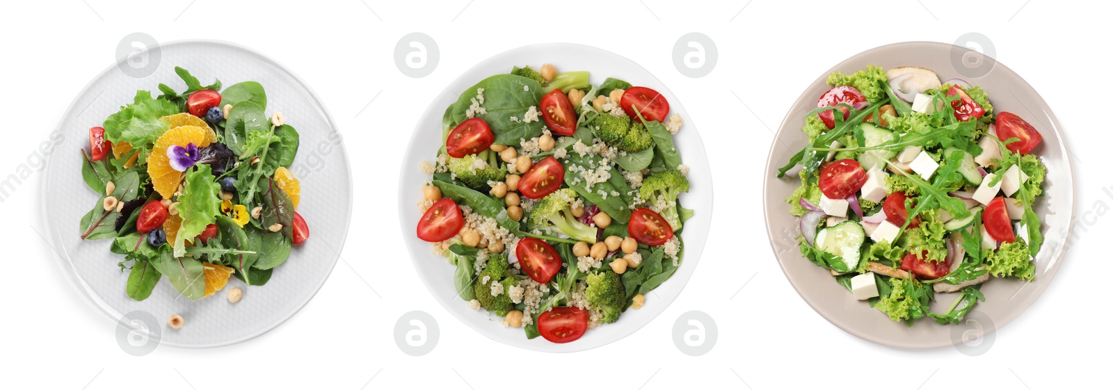 Image of Set of different healthy meals on white background, top view