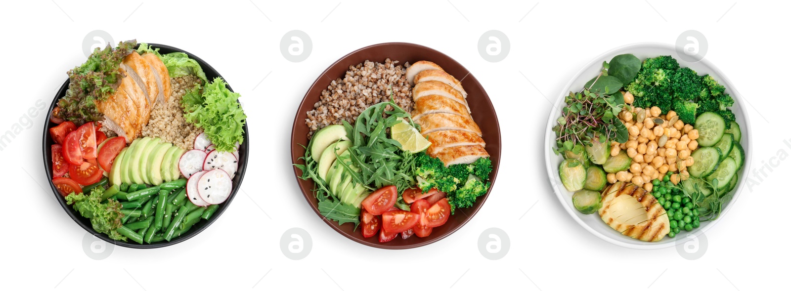 Image of Set of different healthy meals on white background, top view