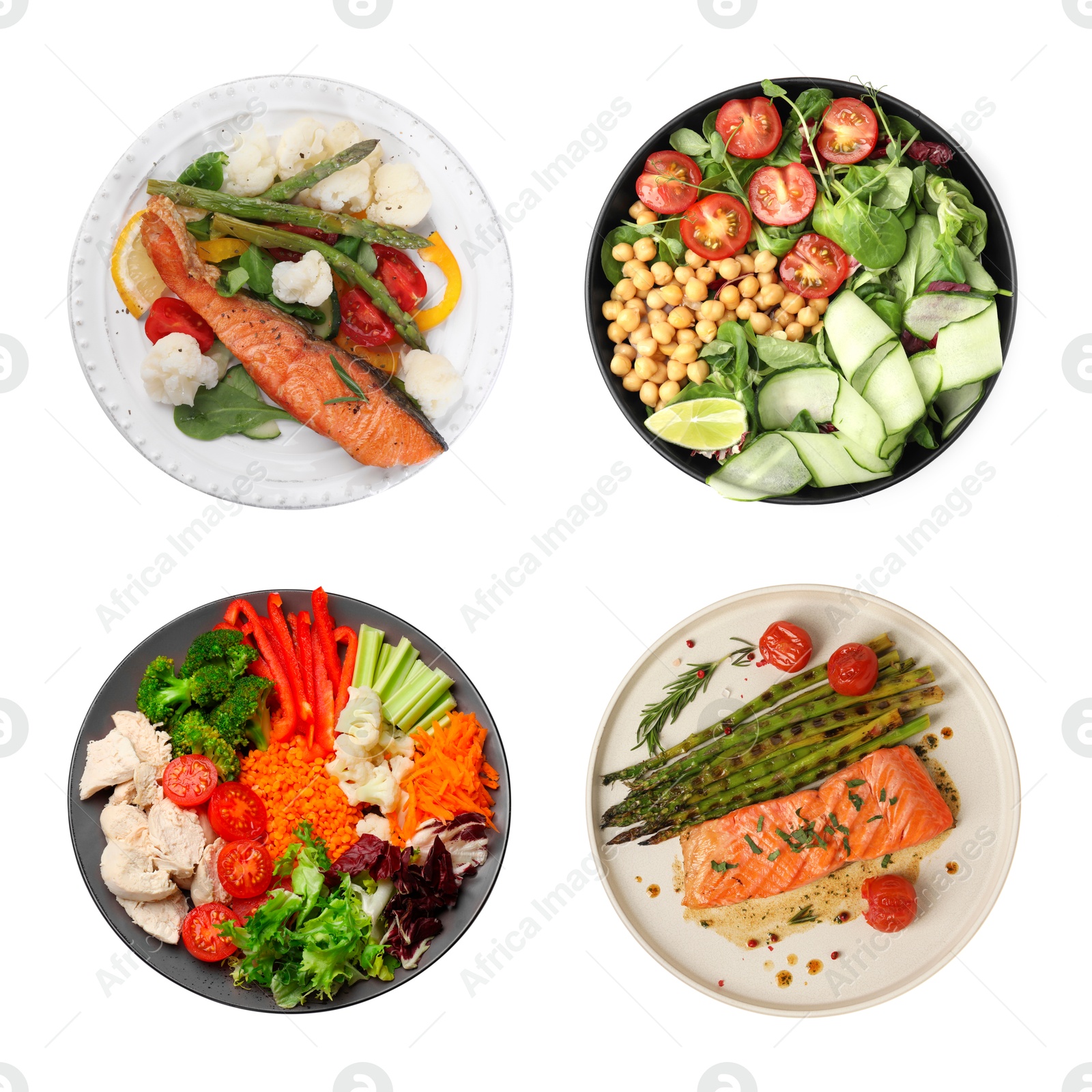 Image of Set of different healthy meals on white background, top view