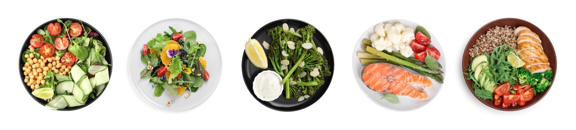 Image of Set of different healthy meals on white background, top view