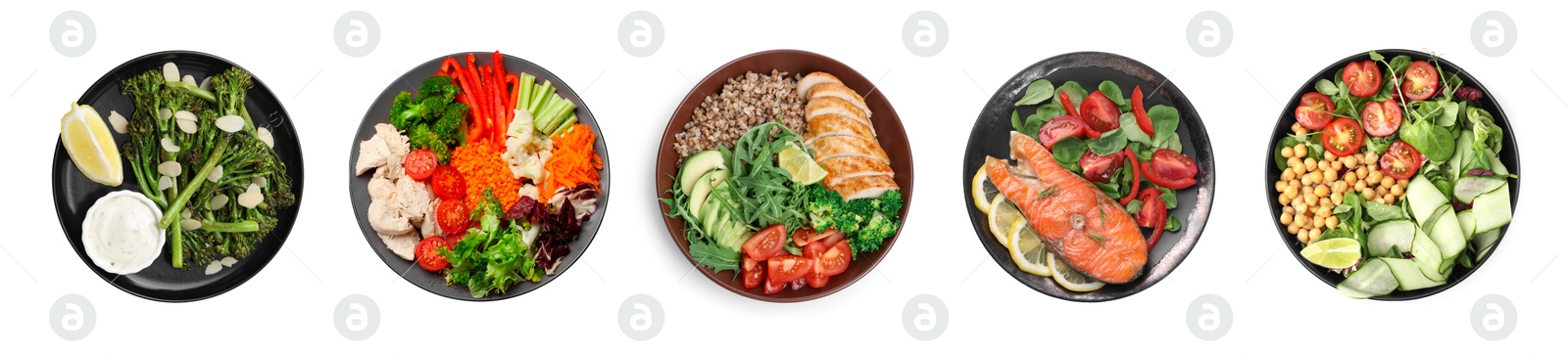 Image of Set of different healthy meals on white background, top view