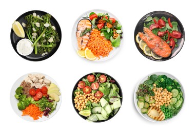 Set of different healthy meals on white background, top view