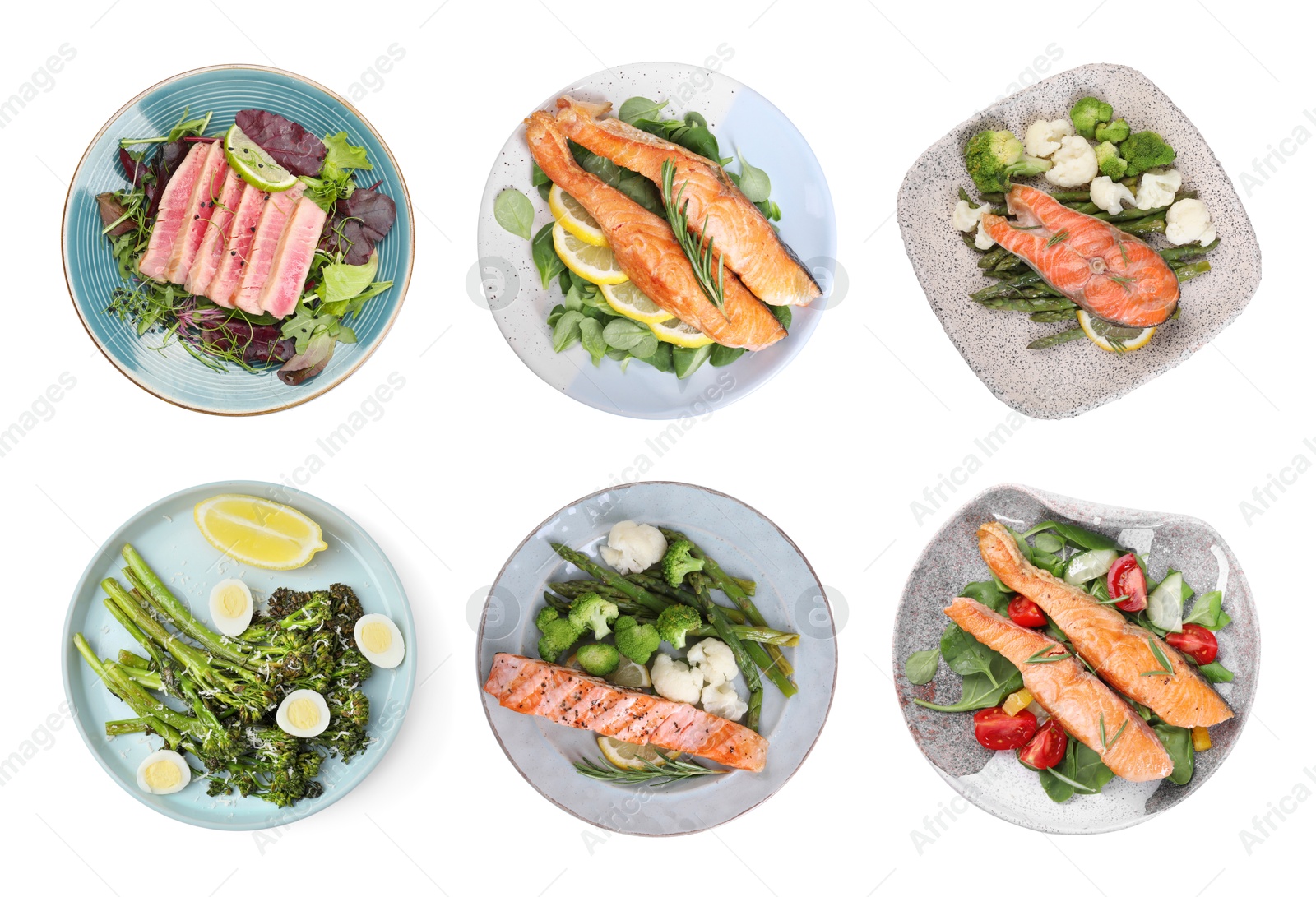 Image of Set of different healthy meals on white background, top view