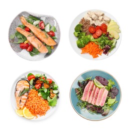 Image of Set of different healthy meals on white background, top view