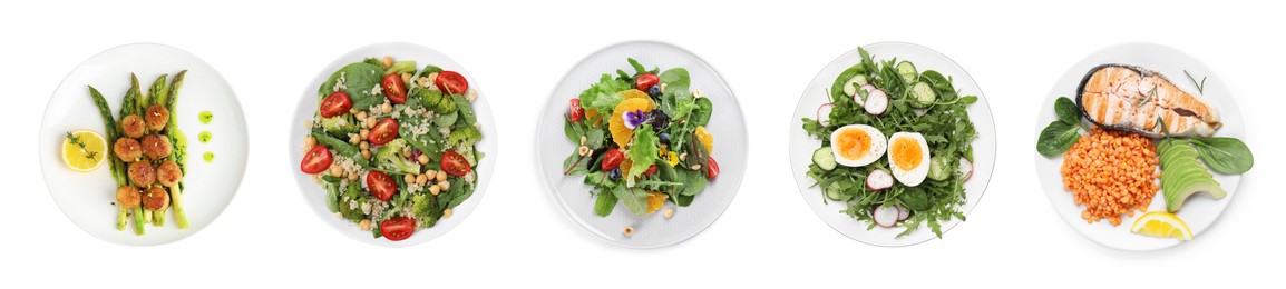 Set of different healthy meals on white background, top view