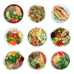 Image of Set of different healthy meals on white background, top view