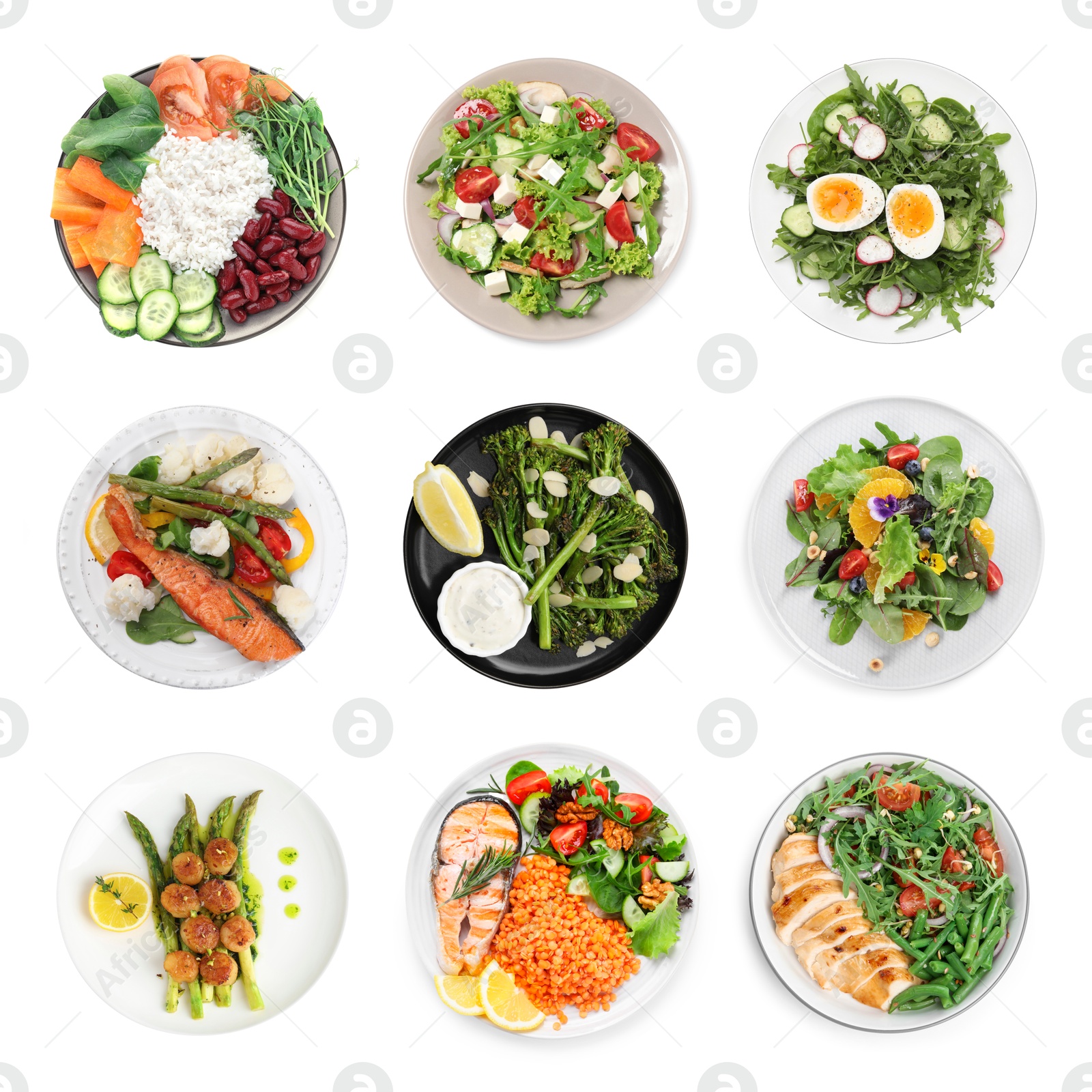 Image of Set of different healthy meals on white background, top view