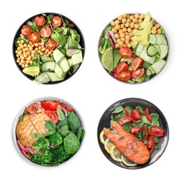 Image of Set of different healthy meals on white background, top view