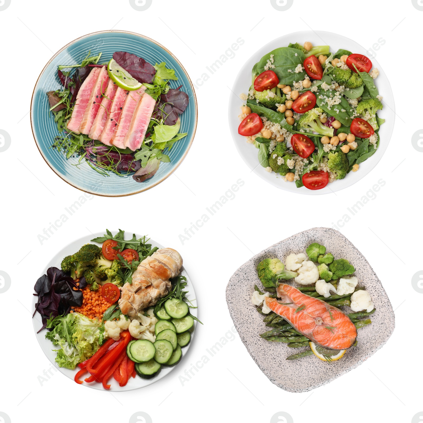 Image of Set of different healthy meals on white background, top view