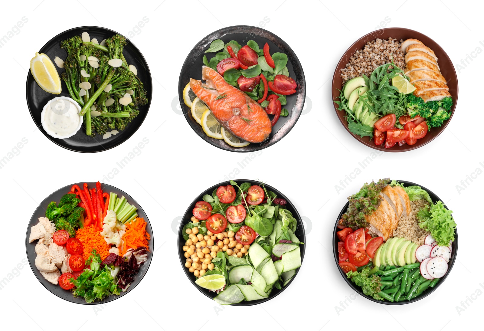 Image of Set of different healthy meals on white background, top view