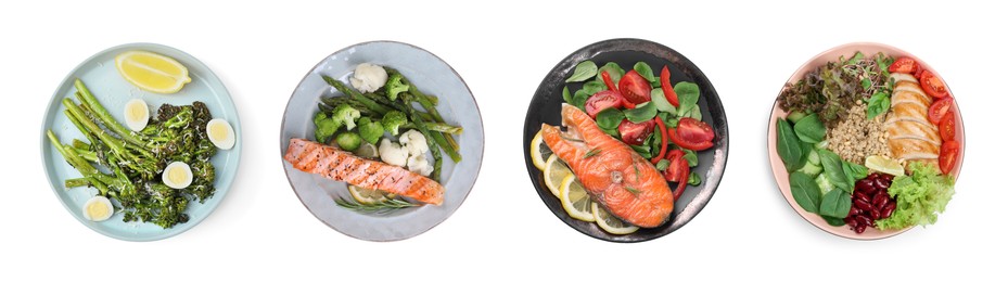 Image of Set of different healthy meals on white background, top view