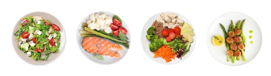 Image of Set of different healthy meals on white background, top view