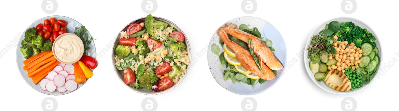 Image of Set of different healthy meals on white background, top view