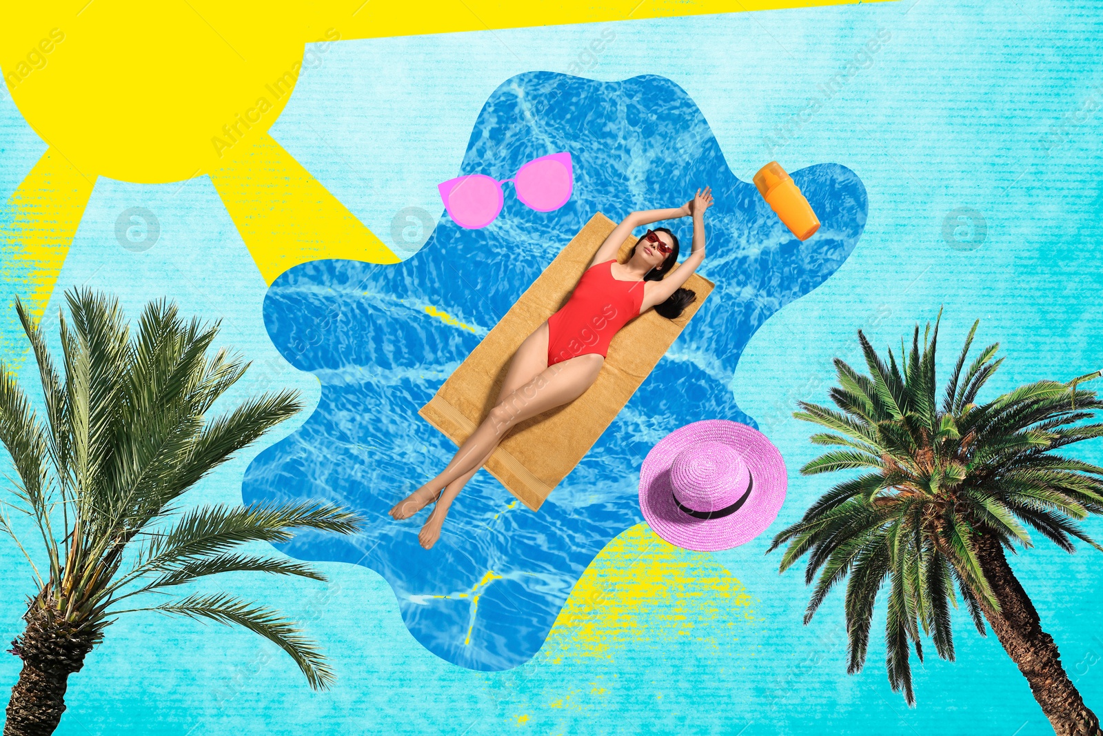 Image of Creative collage with beautiful woman in bikini, palms and sun on light blue background