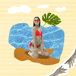 Creative collage with beautiful woman in bikini on beige background