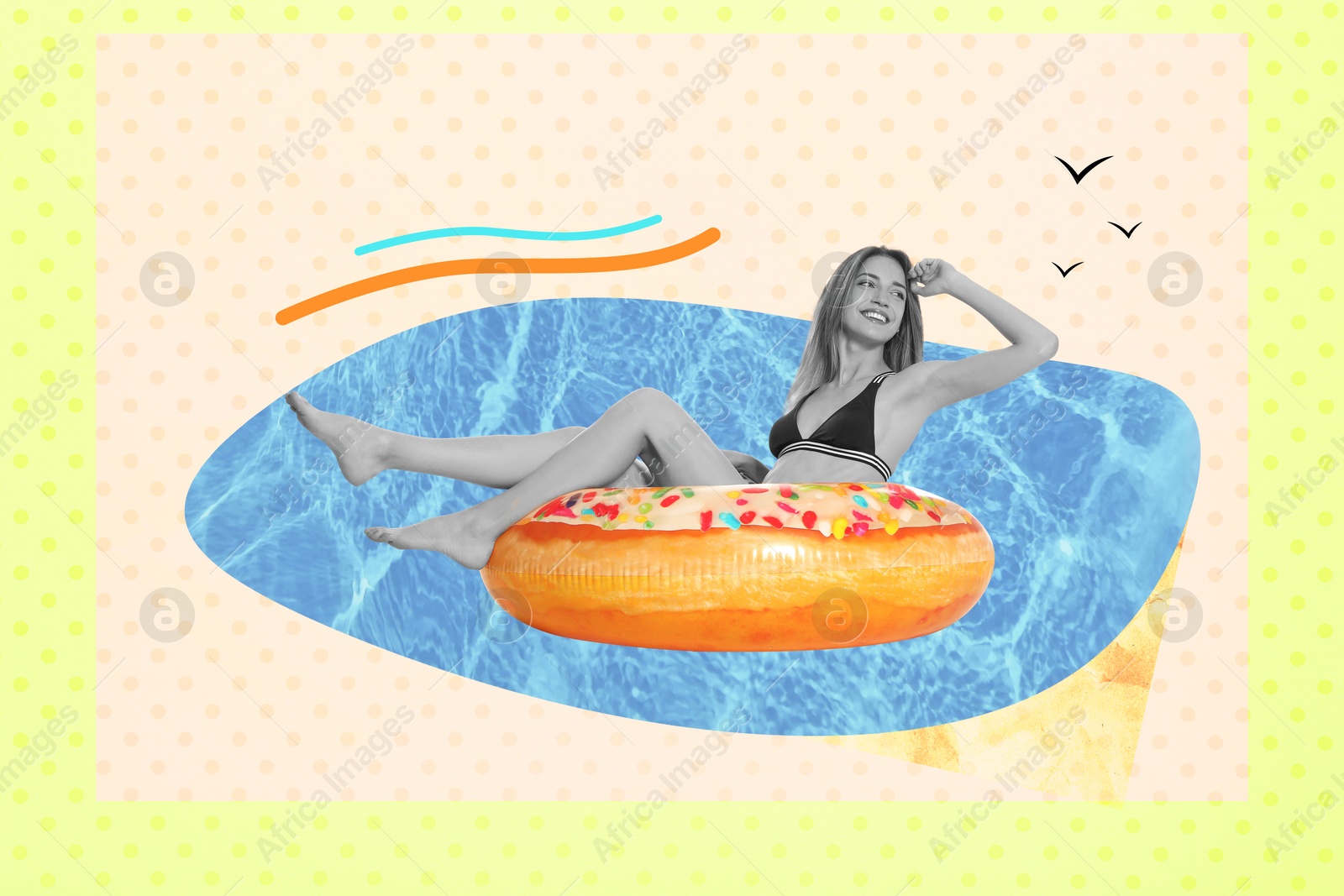 Image of Creative collage with beautiful woman in bikini on inflatable ring against color background