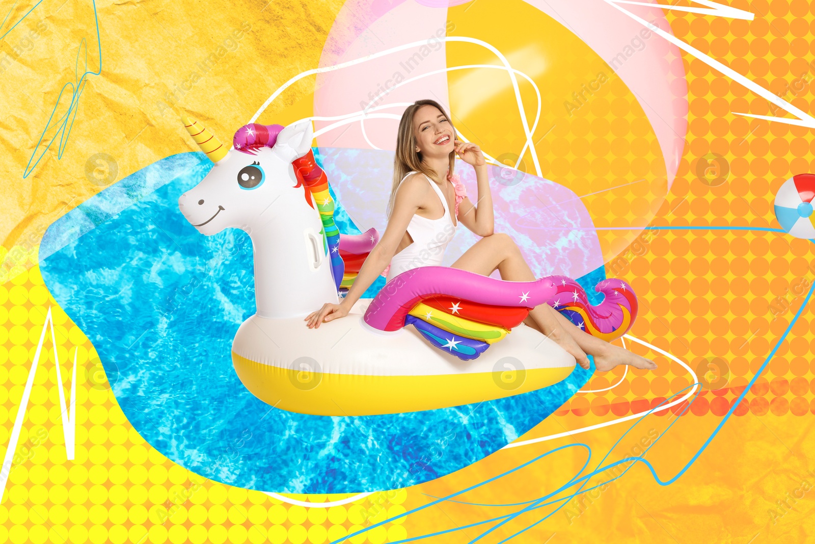 Image of Creative collage with beautiful woman in bikini on unicorn inflatable mattress against color background