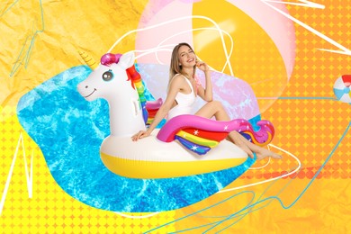 Creative collage with beautiful woman in bikini on unicorn inflatable mattress against color background