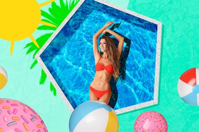 Creative collage with beautiful woman in bikini among falling beach balls on color background