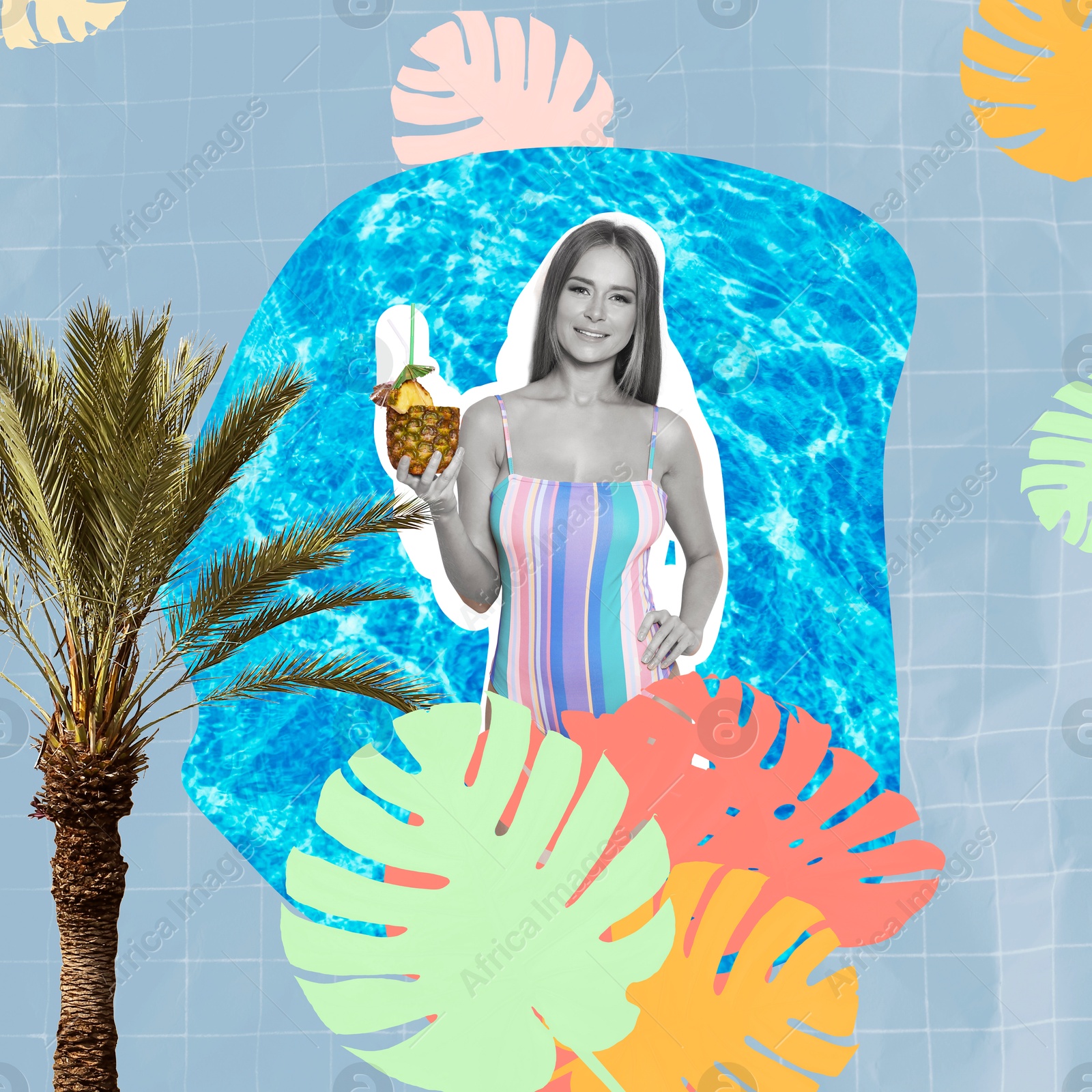 Image of Creative collage with beautiful woman in bikini, palm and tropical leaves on color background