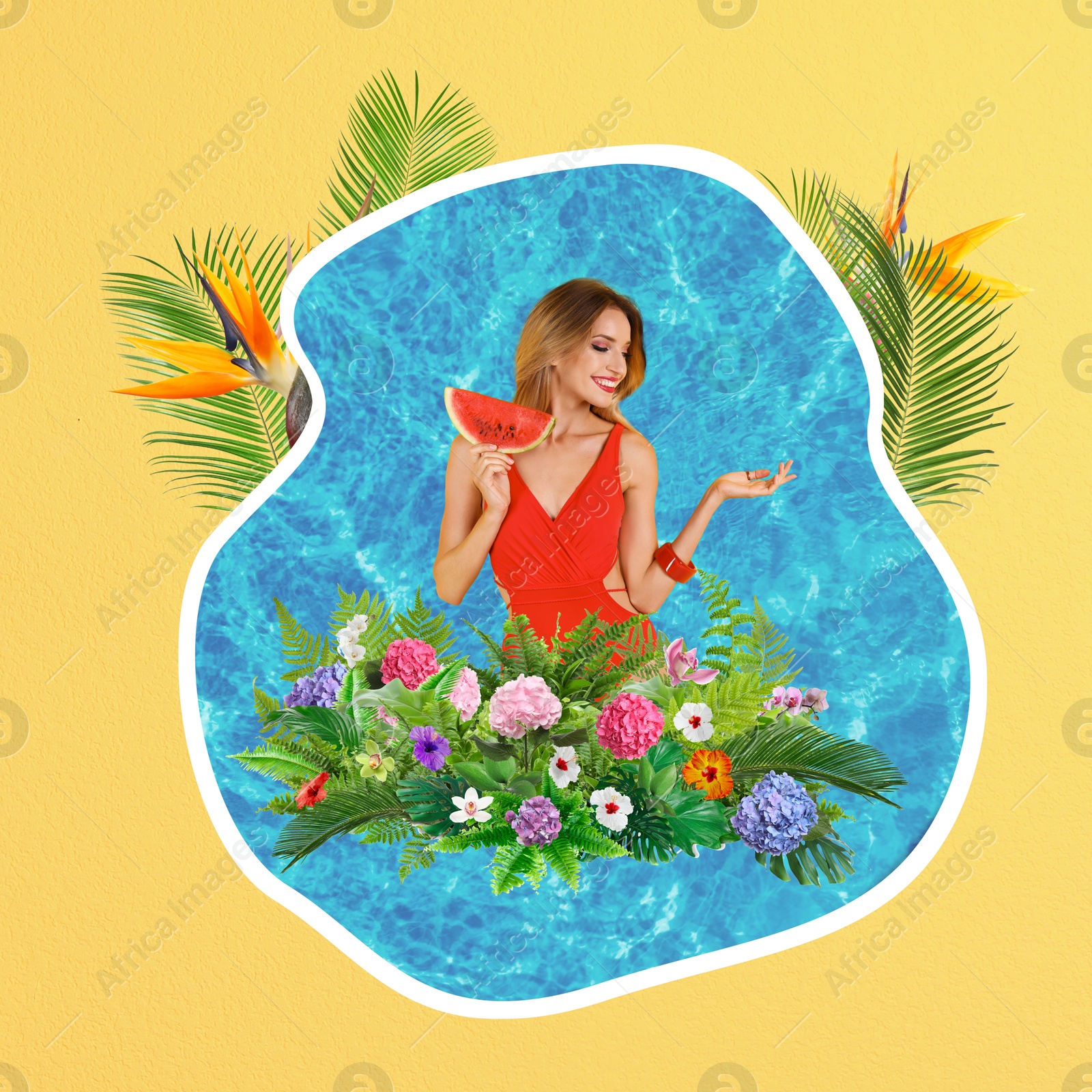 Image of Creative collage with beautiful woman in bikini, tropical leaves and flowers on yellow background