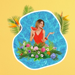 Creative collage with beautiful woman in bikini, tropical leaves and flowers on yellow background