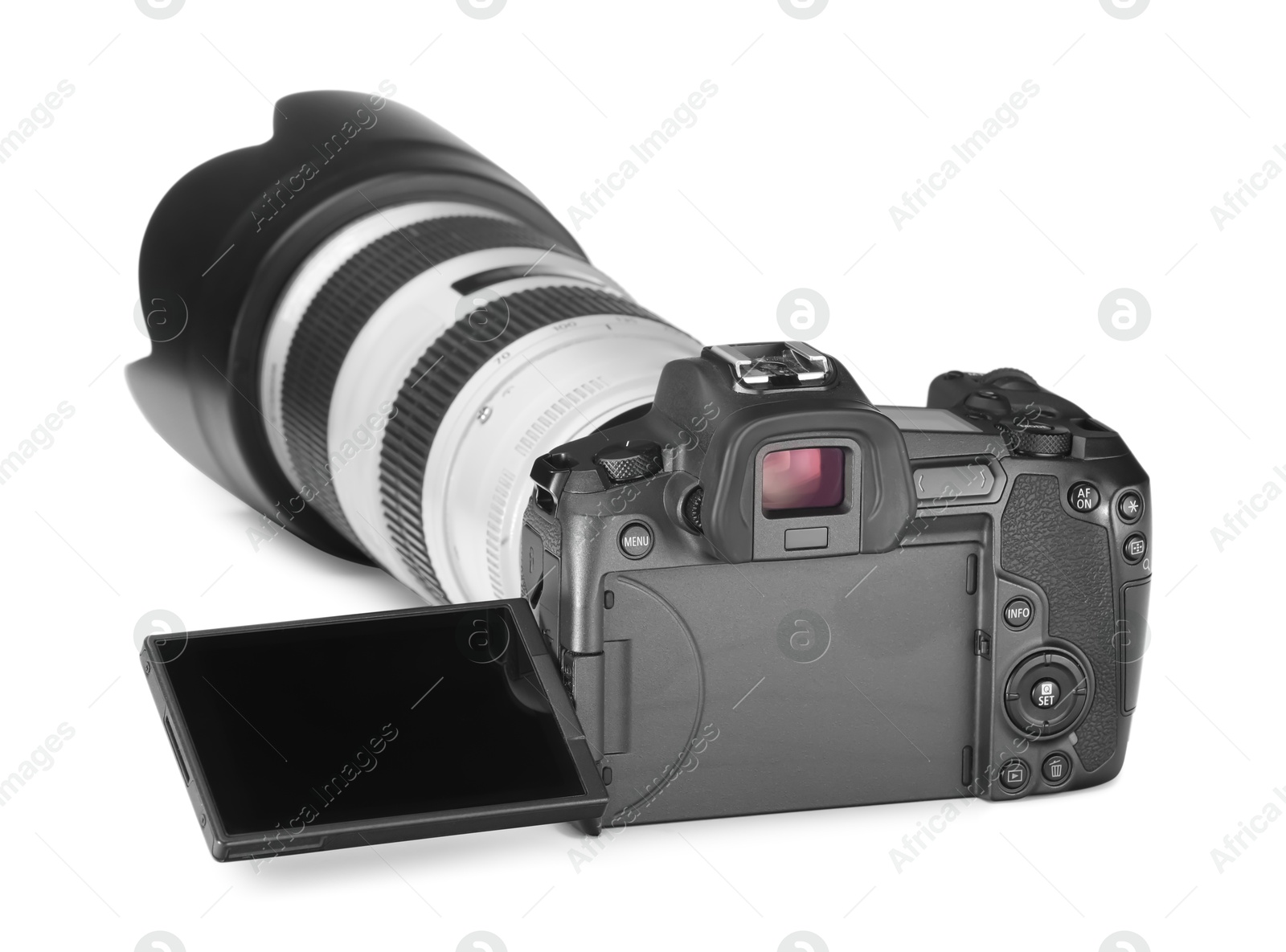 Photo of Modern camera isolated on white. Photographer's equipment