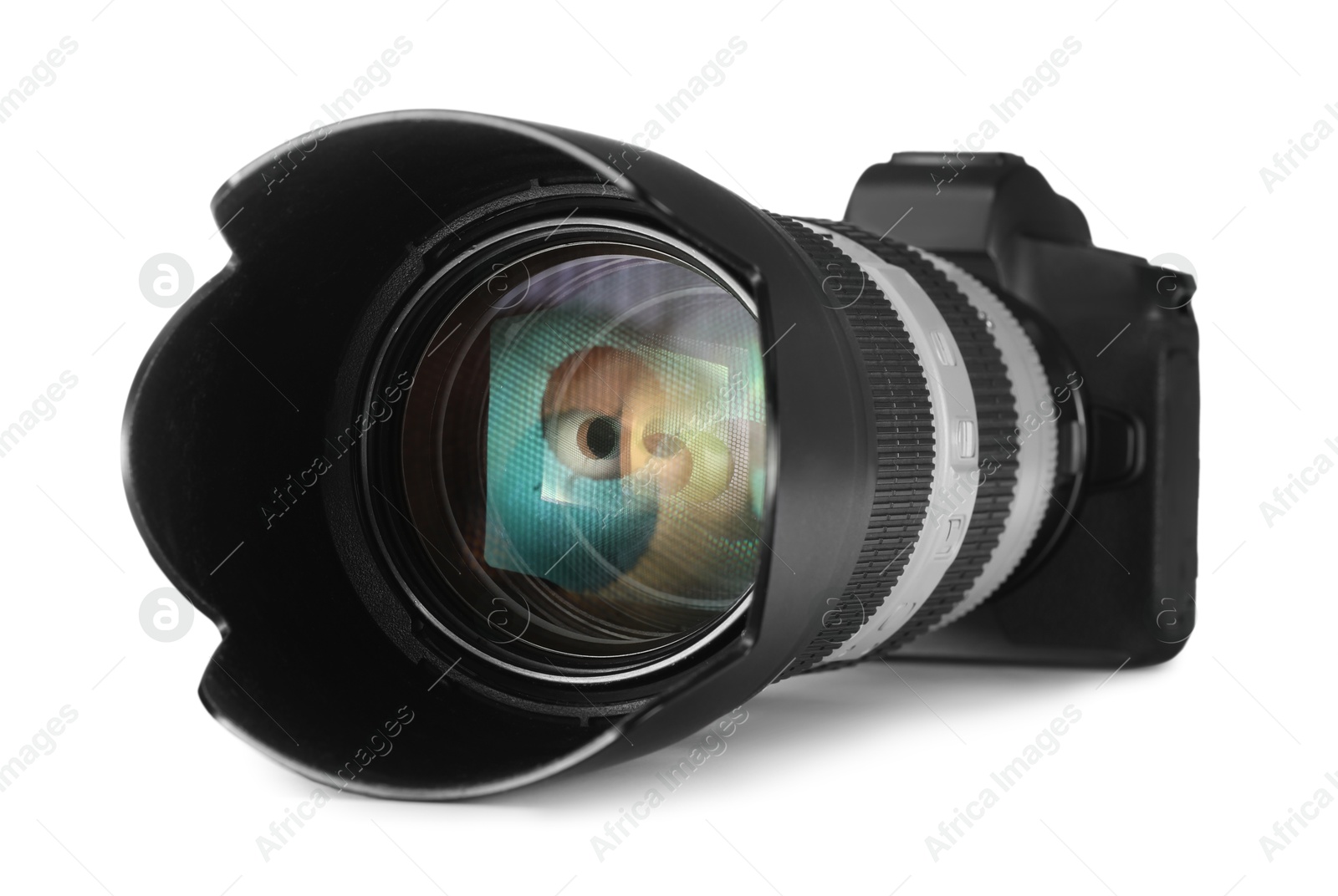 Photo of Modern camera isolated on white. Photographer's equipment