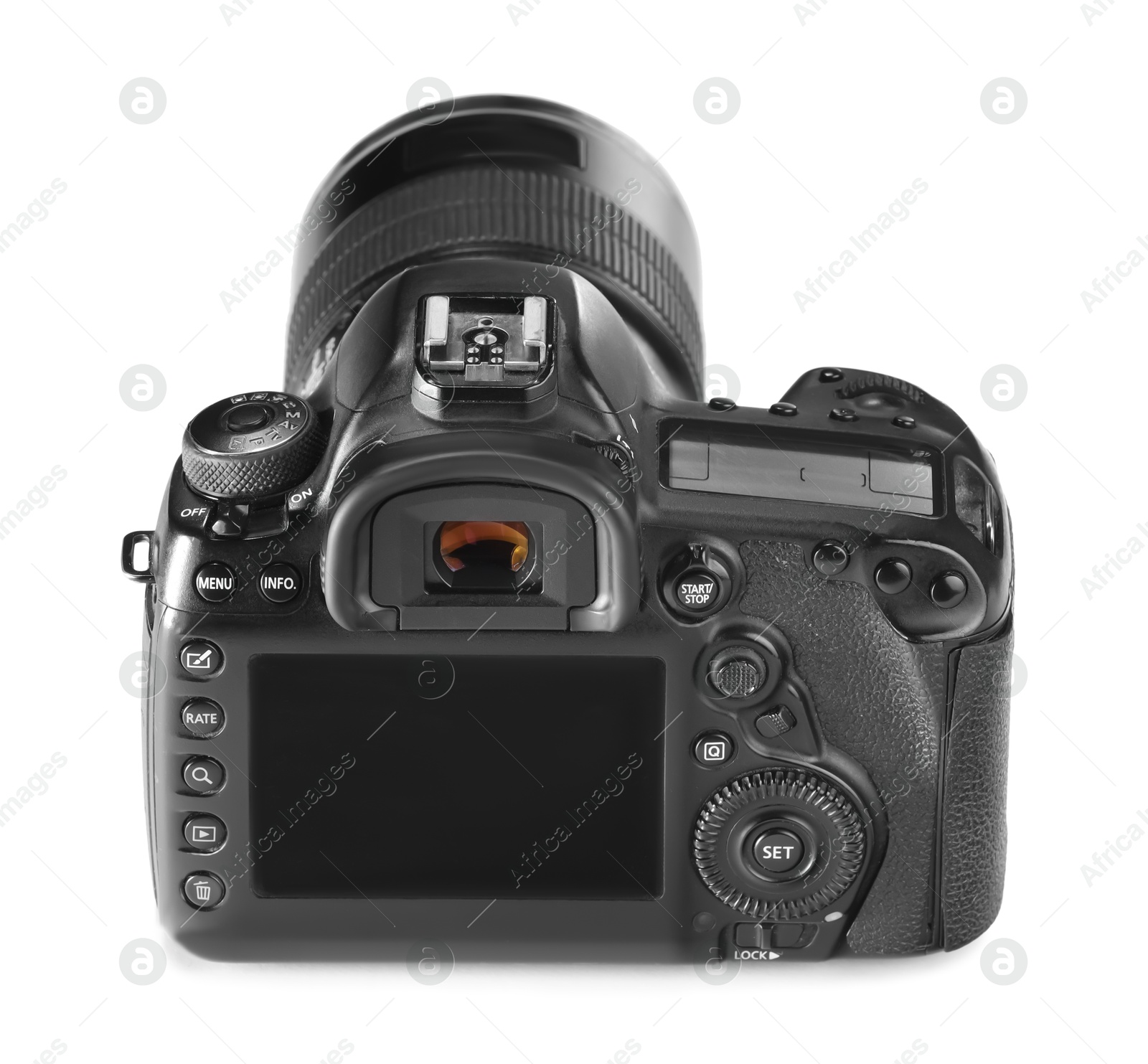 Photo of Modern camera isolated on white. Photographer's equipment