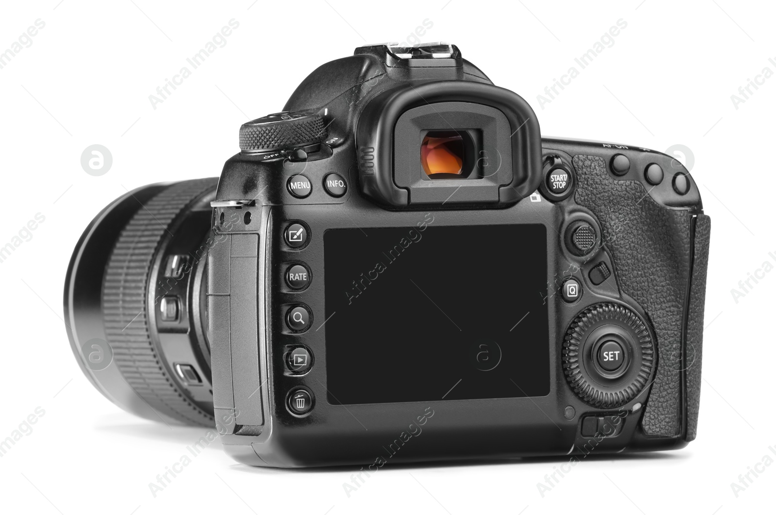 Photo of Modern camera isolated on white. Photographer's equipment